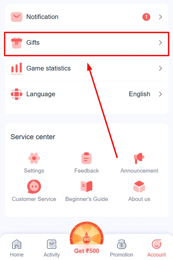 Click Account and select Gifts option